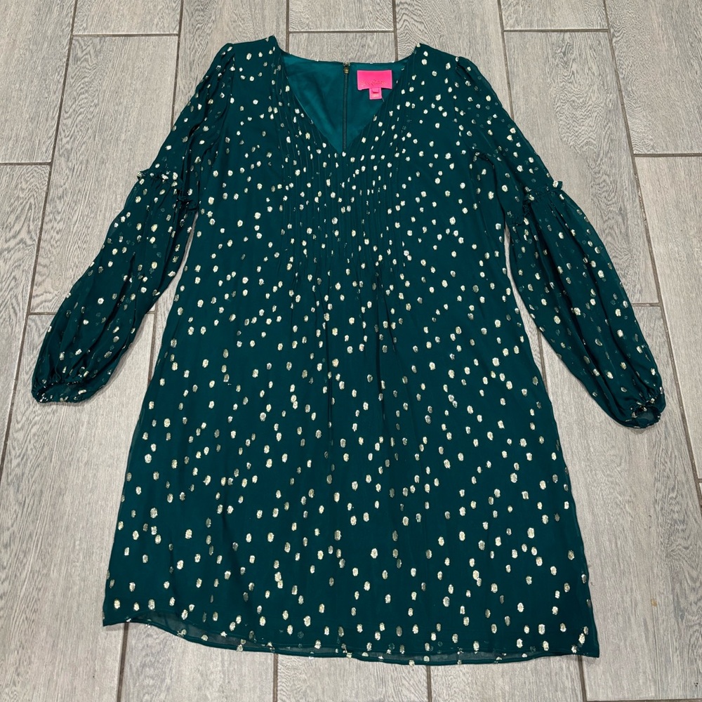 Lilly Pulitzer Cleme Silk Dress in Spruce Green Gold Metallic Silk Clip Size 10 - Picture 3 of 8